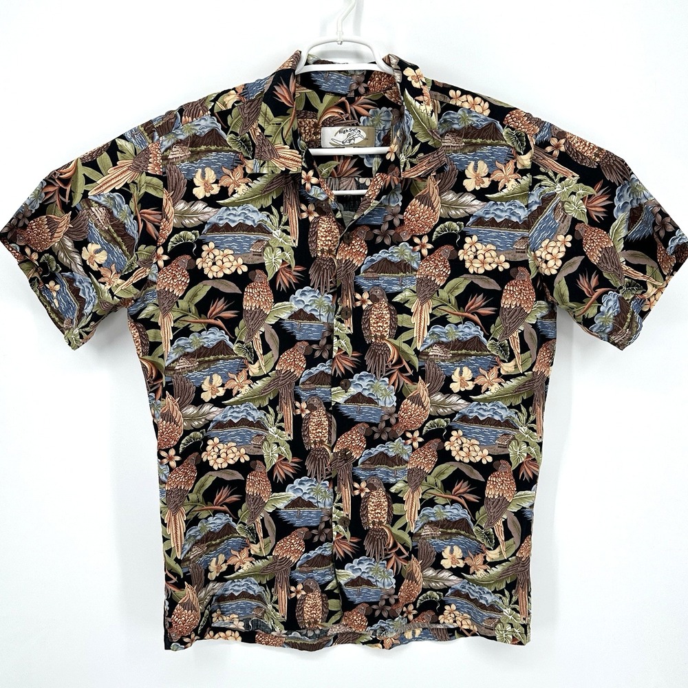 High Surf Men's L Hawaiian Aloha Shirt Parrots & Grass Shacks Tropical Oasis